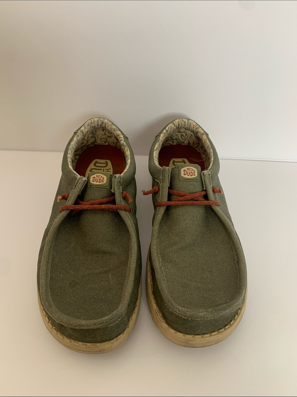 Hey Dude Olive Green Canvas Slip-On Loafers with Brown Laces